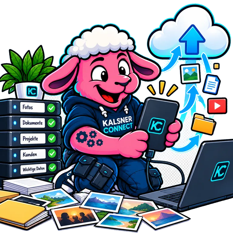 Bruno mit Laptop und Private-Cloud-Symbol