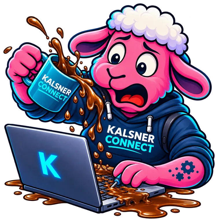Bruno mit umgekippter Kaffeetasse über dem Laptop